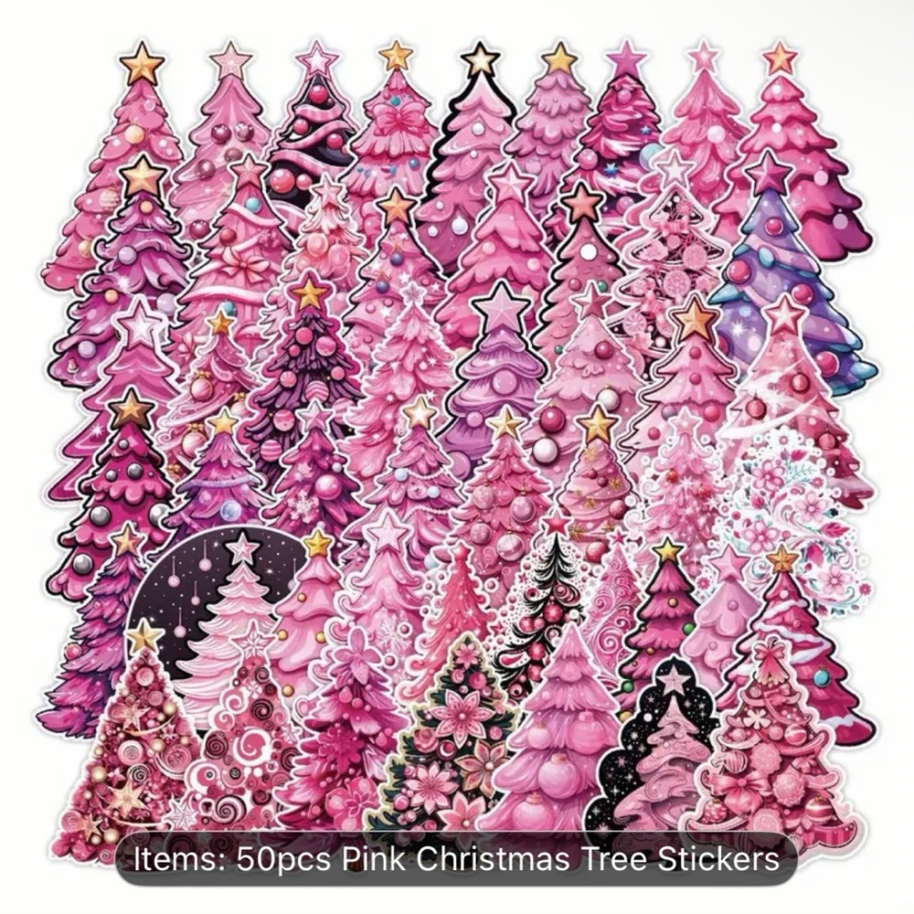 50 Pink Christmas Tree Stickers
